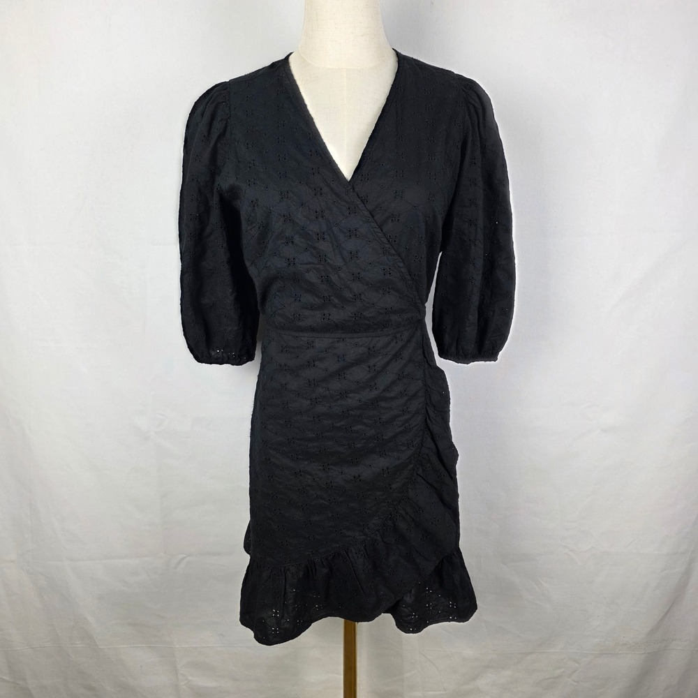 Gap Black Eyelet Cotton Wrap Dress Ruffle Hem Puff Sleeve Petite Small